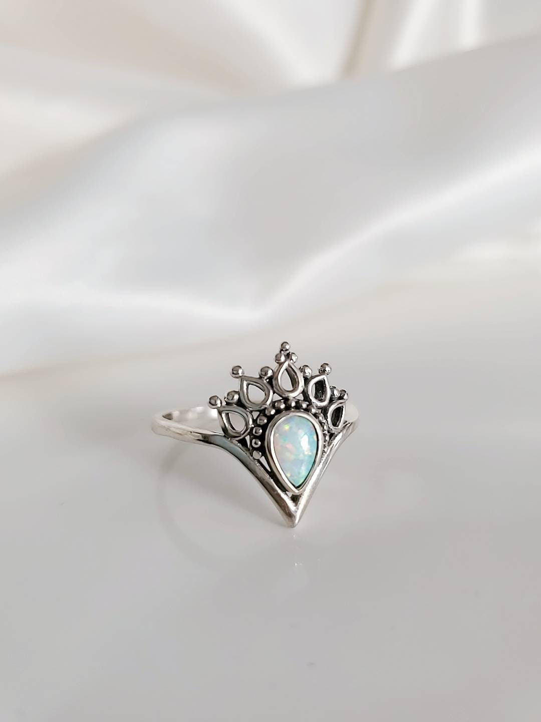 White Opal Sterling Silver Women Ring, Dainty Ring, Bohemian, Minimalist Ring, Mandala Ring, 925 Silver