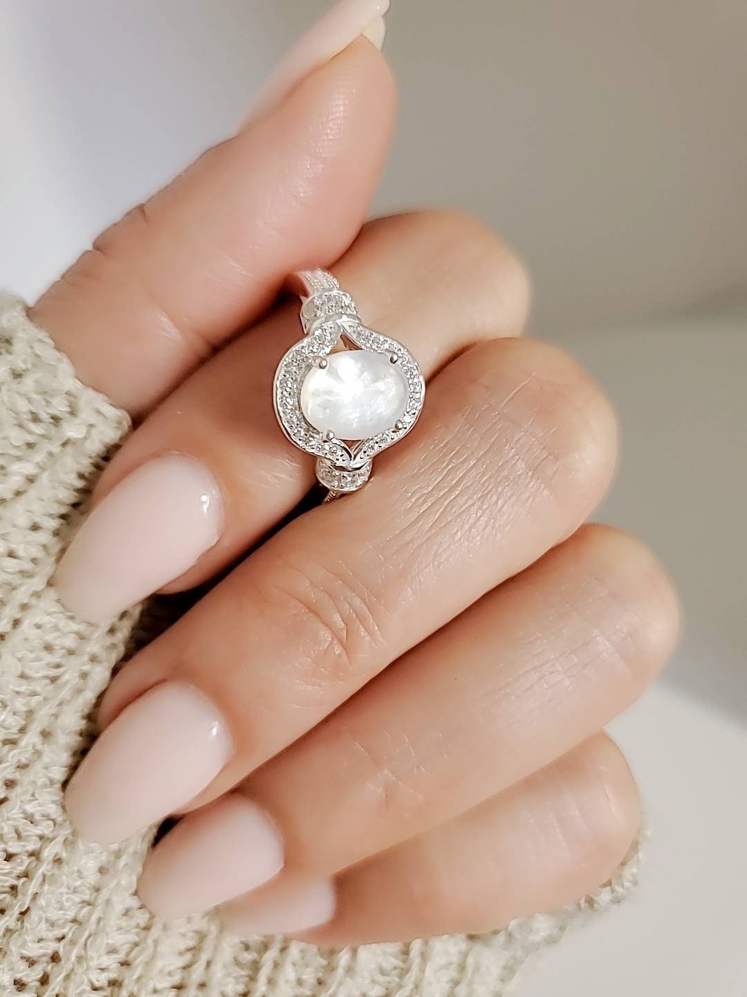 Sterling Silver Mother of Pearl Ring, Women Halo Ring, Statement Ring, Engagement Ring, Promise Ring, Wedding Ring, 925 Stamped, Sizes 4-12