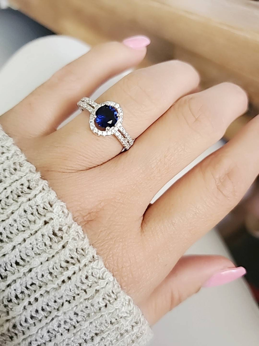 Halo Sapphire Ring – 925 Sterling Silver