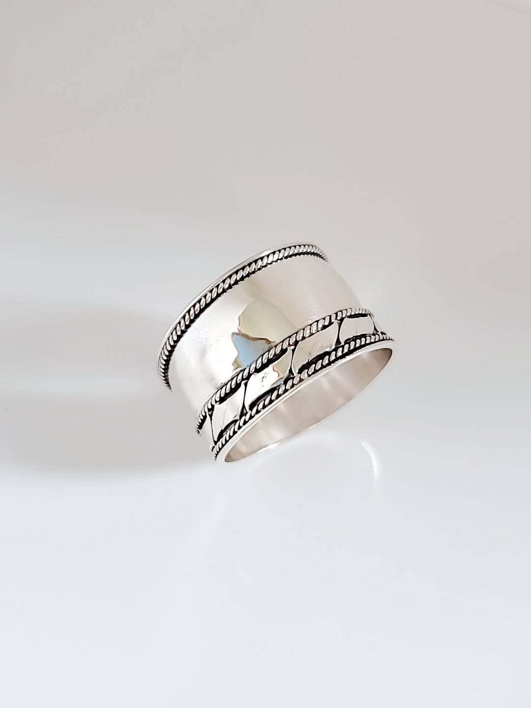 Wide Sterling Silver Band , 925 Silver Ring, Women's Statement Thumb Band, Bali Ring, Boho chic Ring, size