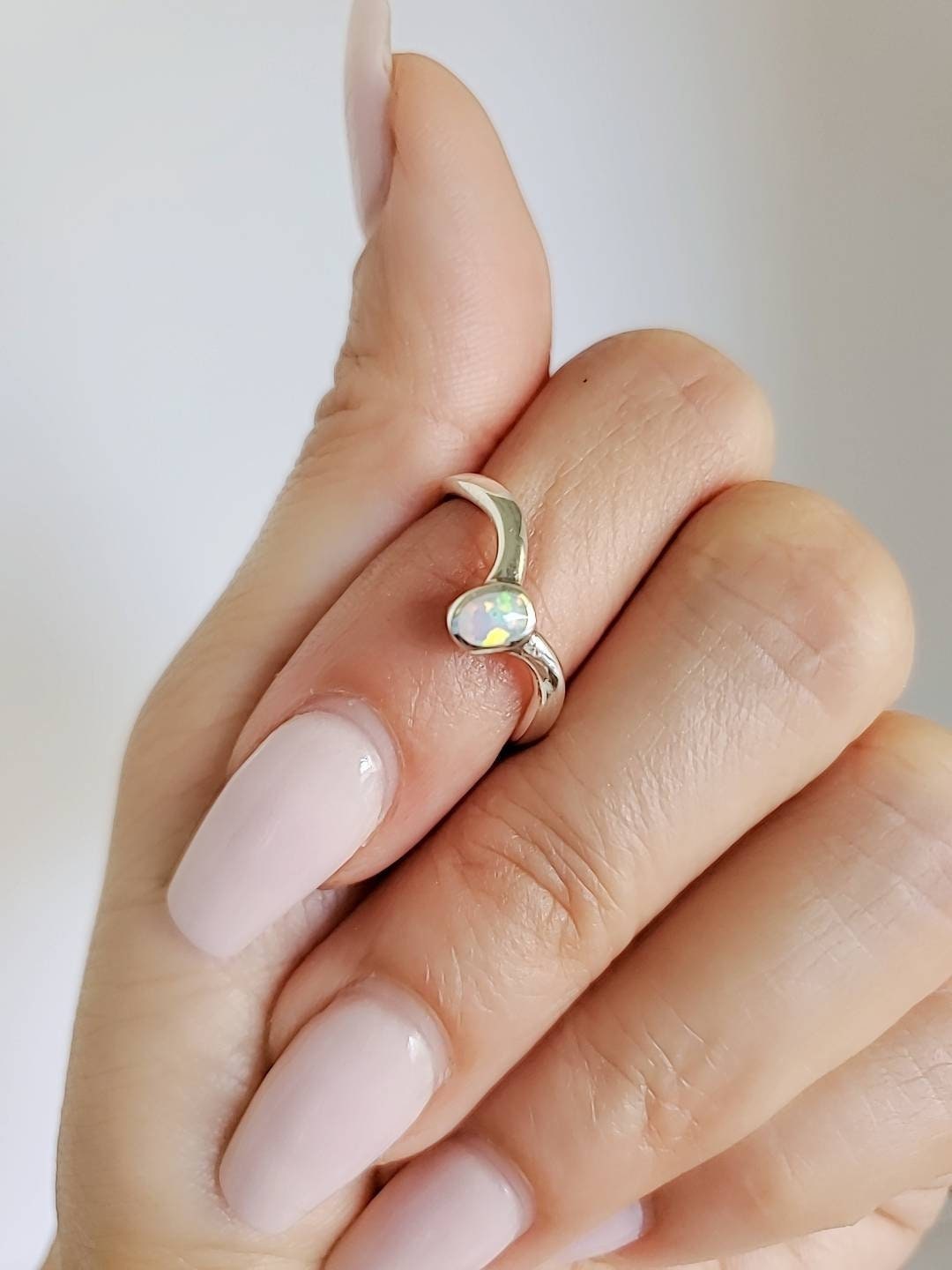 White Lab Opal Sterling Silver Chevron Ring