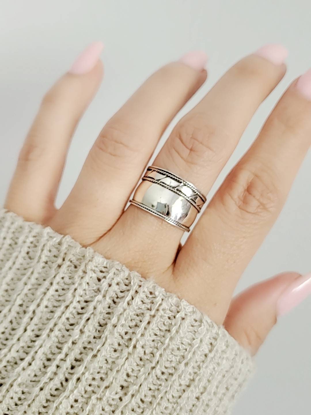 Wide Sterling Silver Band , 925 Silver Ring, Women's Statement Thumb Band, Bali Ring, Boho chic Ring, size