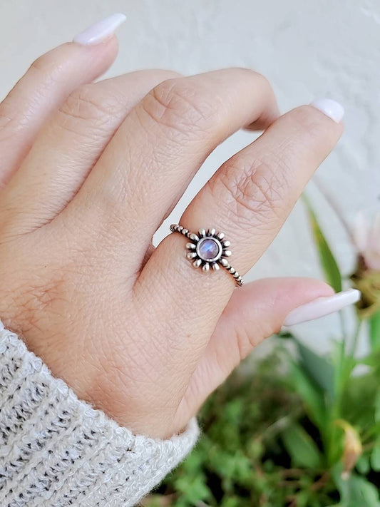 Sterling Silver Moonstone Flower Ring, Women's Ring, Rainbow Moonstone, Stack Ring, Bohemian, Minimalist Ring, 925 Stamped, Dainty Ring