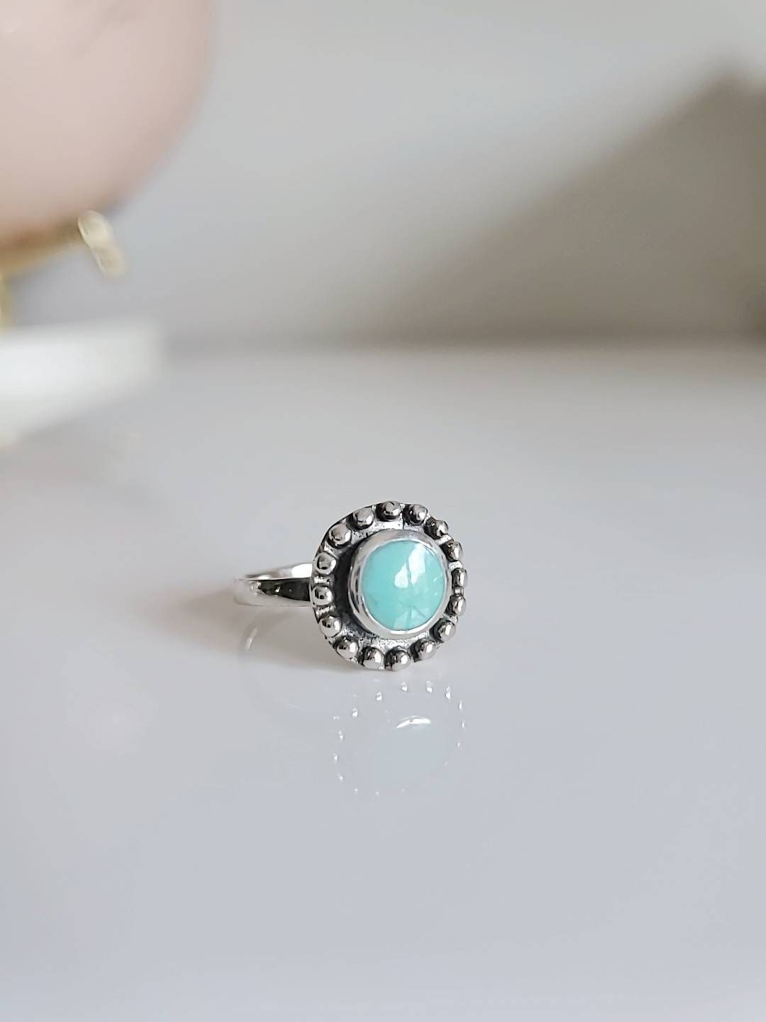 Turquoise Sterling Silver Flower Ring, Women's Turquoise Ring, Oxidized Ring, Bohemian Minimalist Ring, Genuine Turquoise, 925 Ring