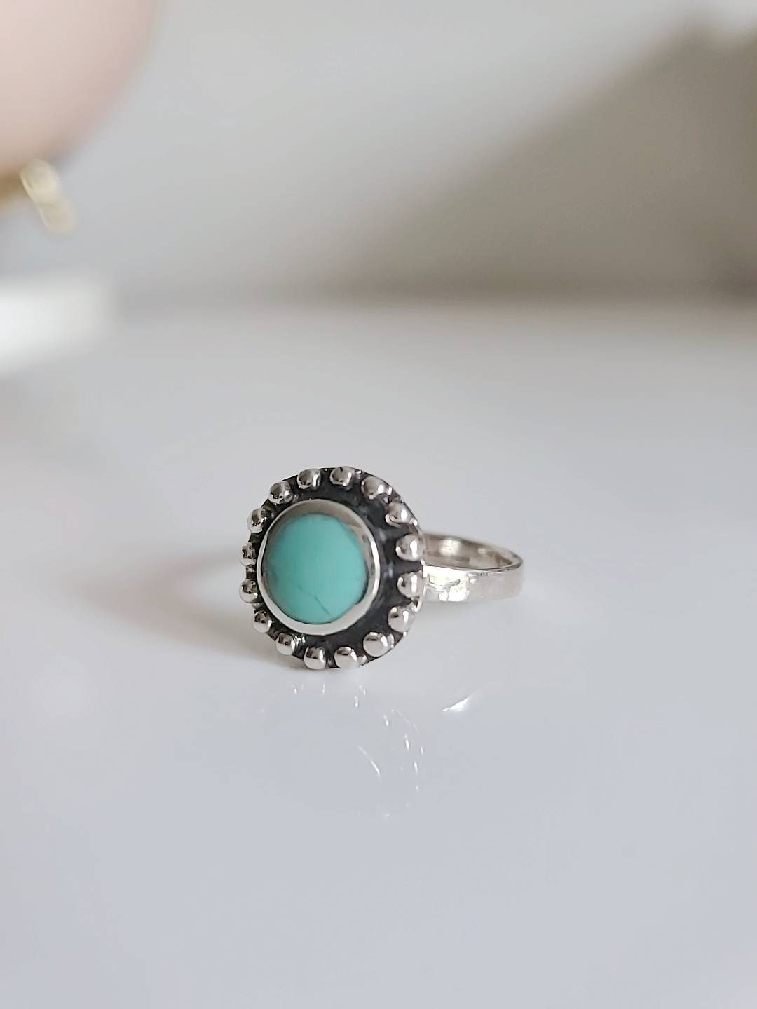 Turquoise Sterling Silver Flower Ring, Women's Turquoise Ring, Oxidized Ring, Bohemian Minimalist Ring, Genuine Turquoise, 925 Ring