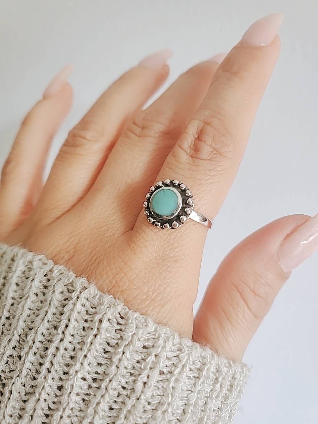 Turquoise Sterling Silver Flower Ring, Women's Turquoise Ring, Oxidized Ring, Bohemian Minimalist Ring, Genuine Turquoise, 925 Ring