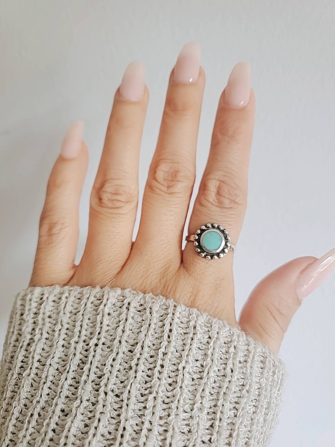 Turquoise Sterling Silver Flower Ring, Women's Turquoise Ring, Oxidized Ring, Bohemian Minimalist Ring, Genuine Turquoise, 925 Ring