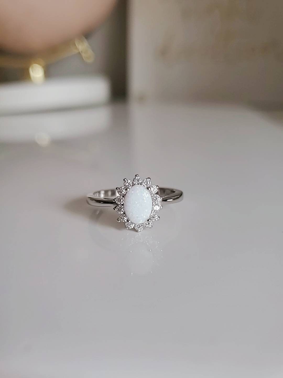 White Opal Sterling Silver Ring, Dainty Ring, Engagement Ring, Promise Ring, Women's Opal Ring, Rainbow Opal Ring