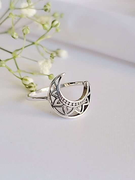 Crescent Moon Mandala Moon Ring