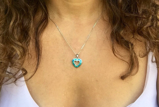 Opal Heart Necklace Heart Pendant Blue Opal Charm