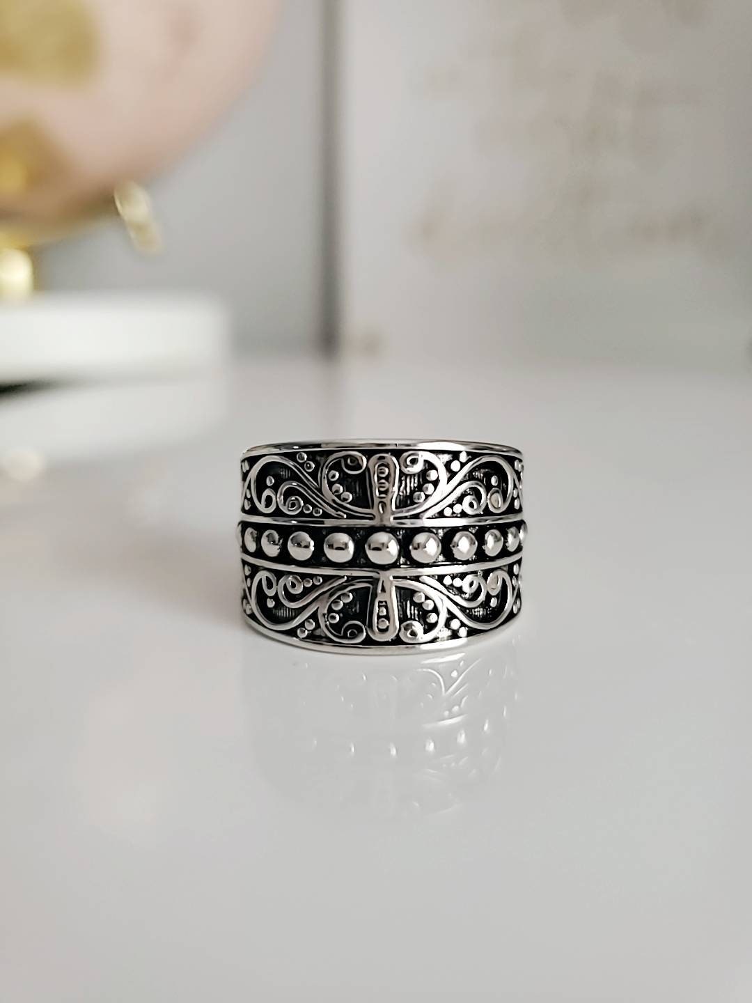 Sterling Silver Bali 925 Stamped Chunky Bead Ring