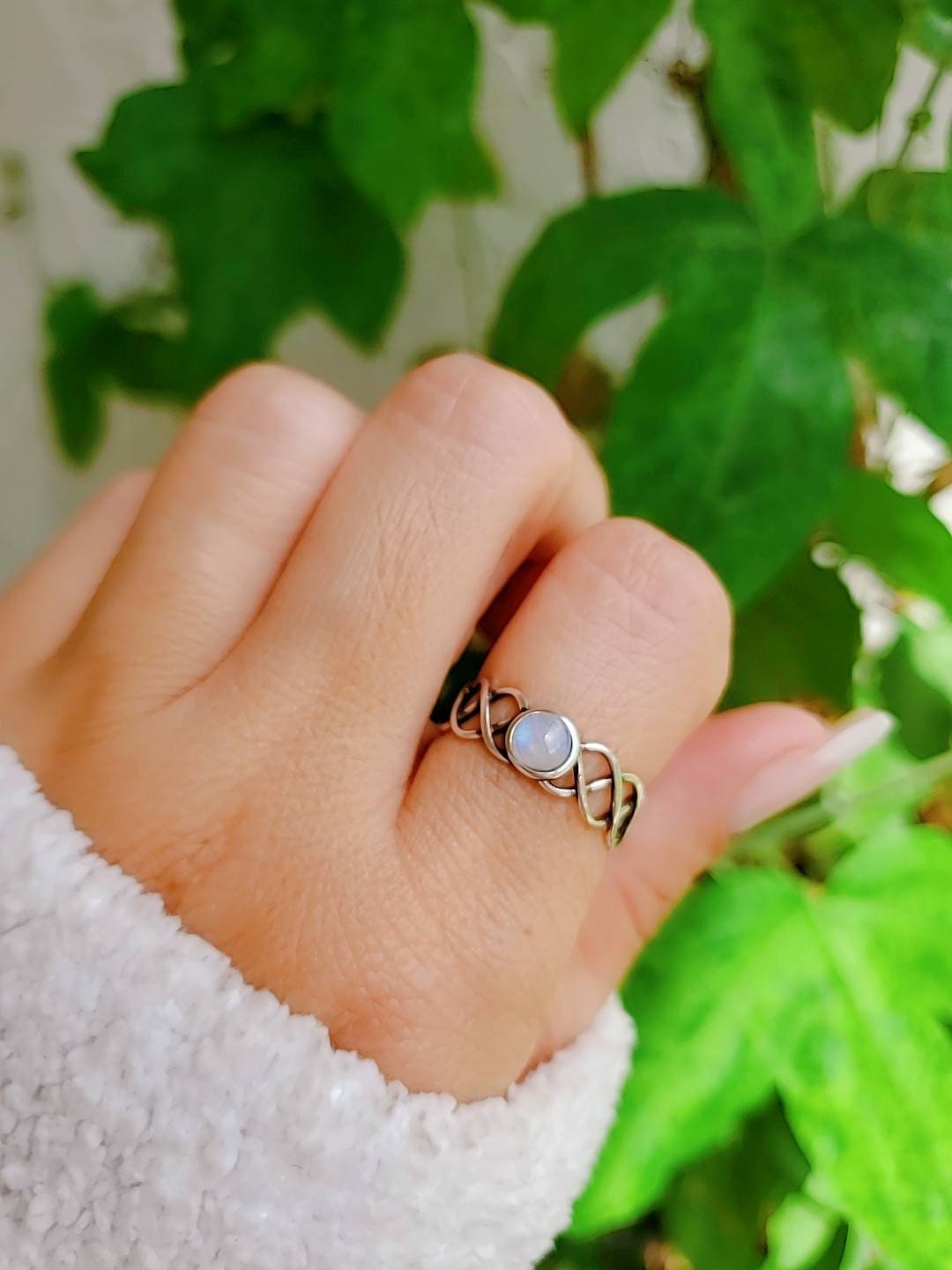 Sterling Silver Moonstone Ring, Women's Ring, Rainbow Moonstone, Stack Ring, Bohemian Moonstone Ring