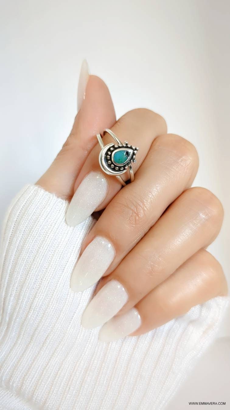 Turquoise Crescent Moon Mandala Moon Ring