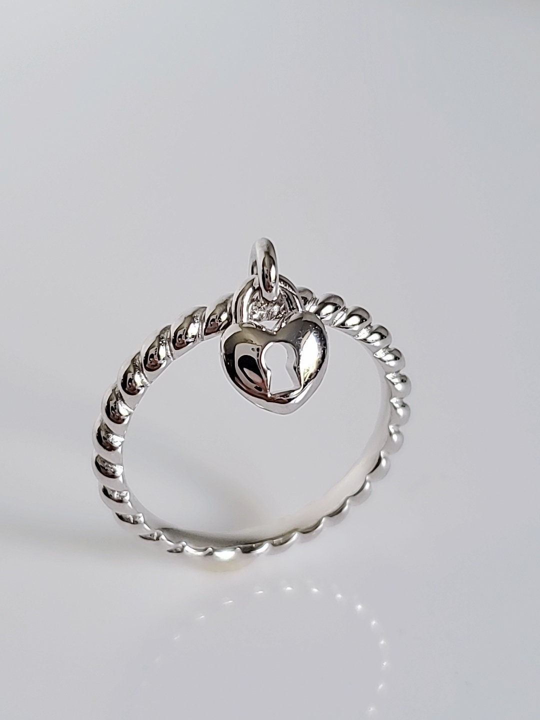 Sterling Silver Dangling Heart Lock Ring