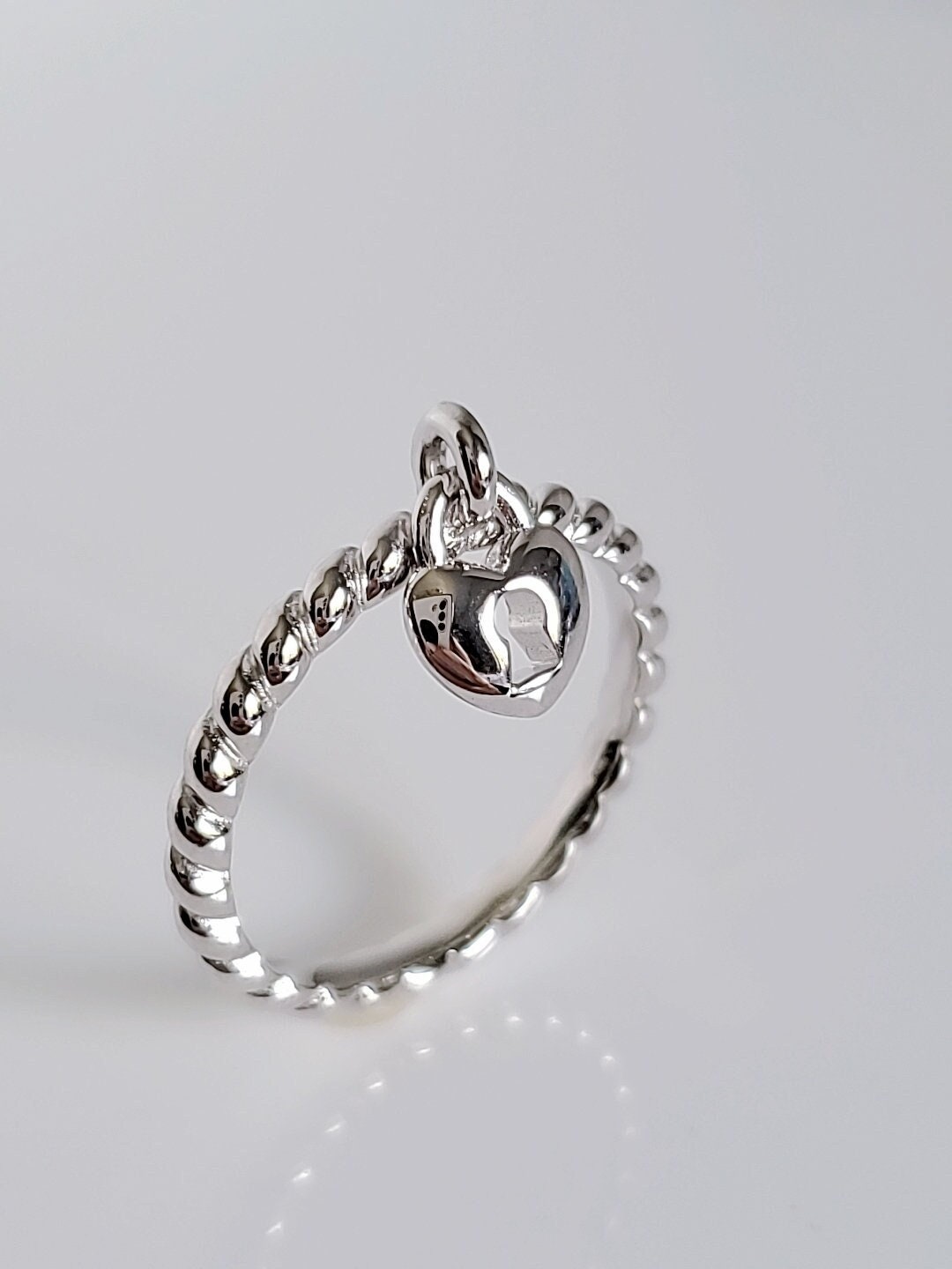 Sterling Silver Dangling Heart Lock Ring