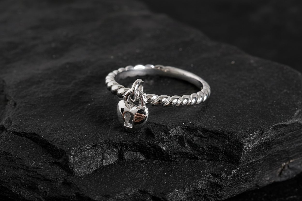 Sterling Silver Dangling Heart Lock Ring