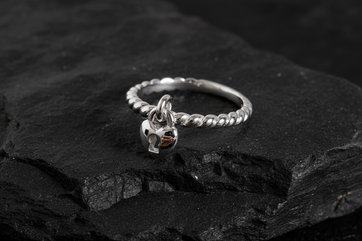 Sterling Silver Dangling Heart Lock Ring