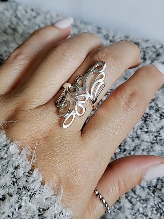 Sterling Silver Shield Ring, Leaf Ring, Women Statement Ring, Silver Ring, 925 Ring,  Boho Chic Jewelry, Size 4-11