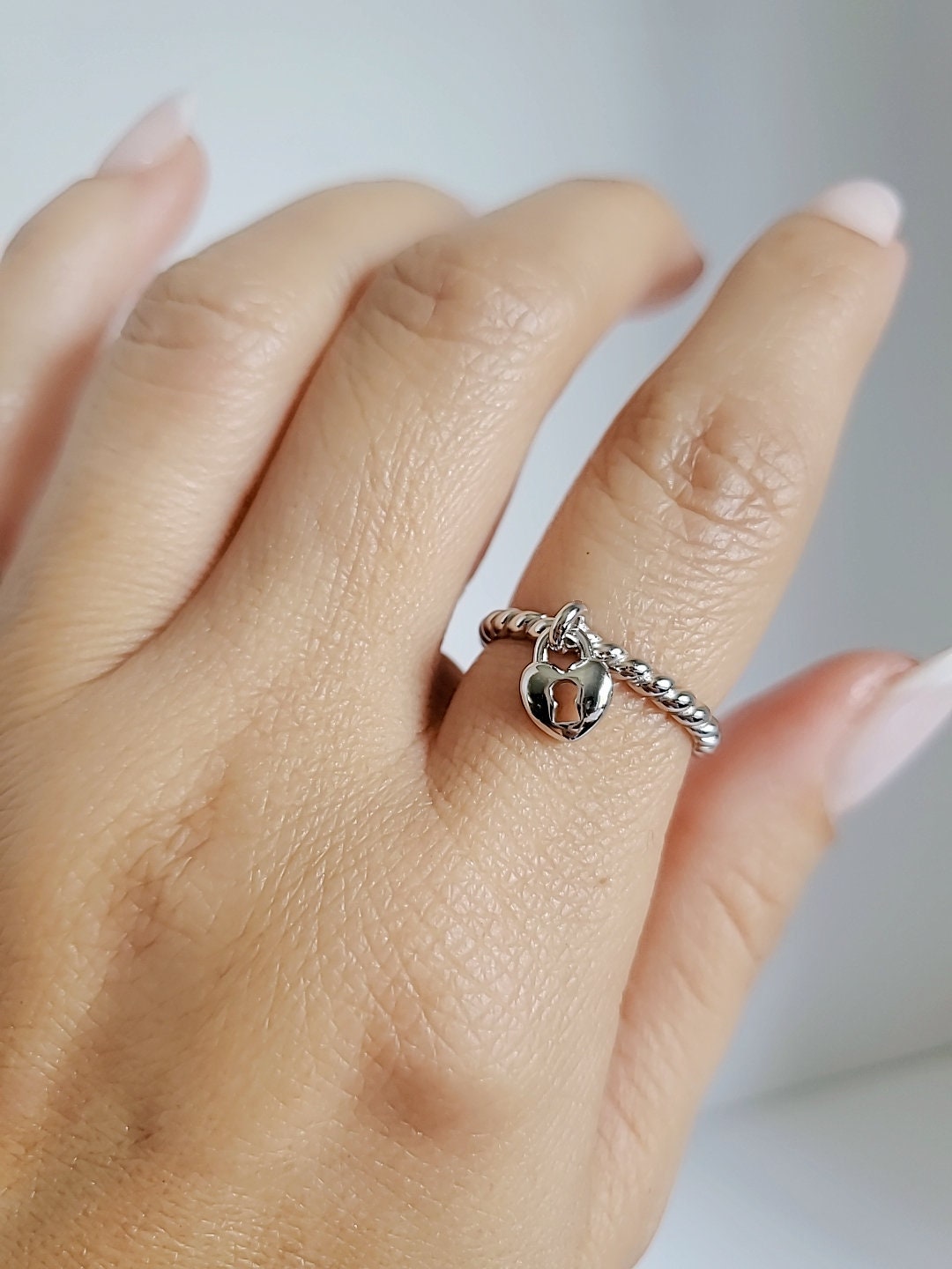 Sterling Silver Dangling Heart Lock Ring