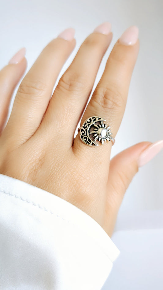 Sterling Silver Ring Sun Moon Ring, Women Bohemian Ring, Large Moon and Sun Ring for Women, Crescent Moon Ring