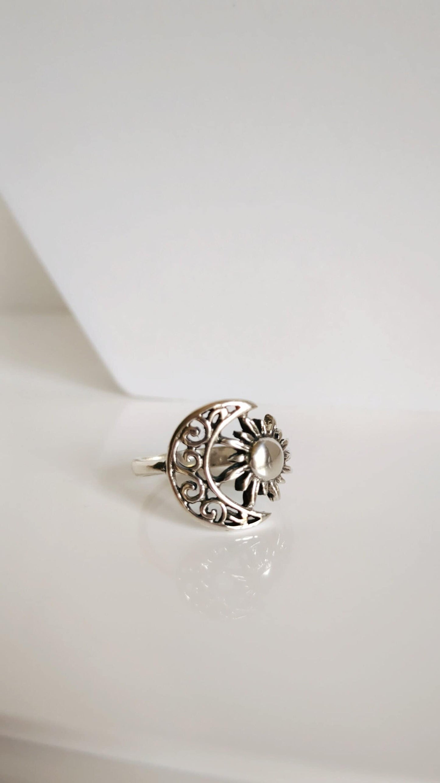 Sterling Silver Ring Sun Moon Ring, Women Bohemian Ring, Large Moon and Sun Ring for Women, Crescent Moon Ring