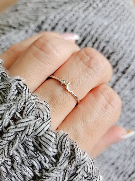 Sterling Silver Crescent Moon Star Ring, Tiny Dainty Ring, Celestial Women Ring, Stackable Ring, Thin Ring, 925 Dainty Ring