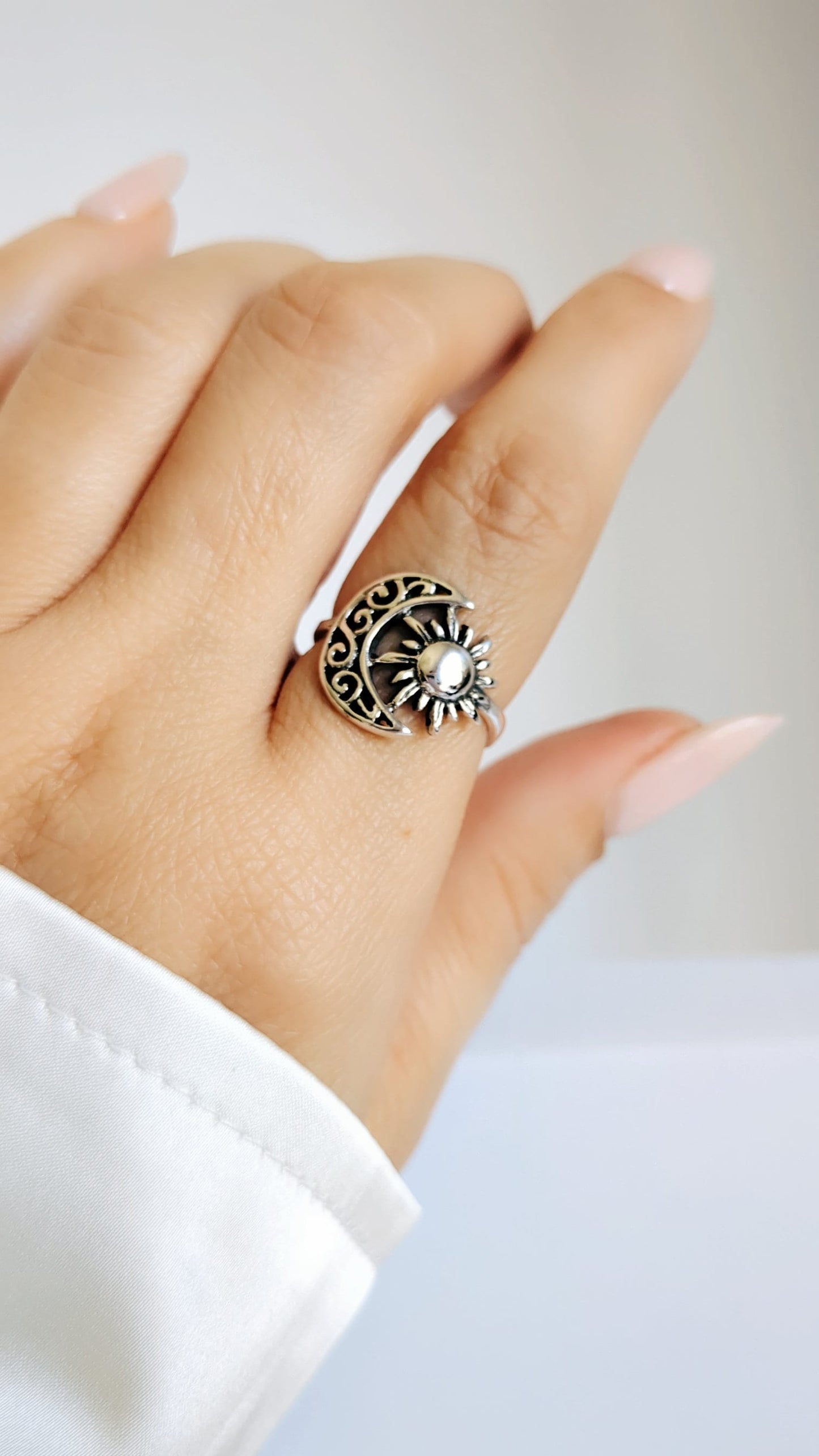 Sterling Silver Ring Sun Moon Ring, Women Bohemian Ring, Large Moon and Sun Ring for Women, Crescent Moon Ring