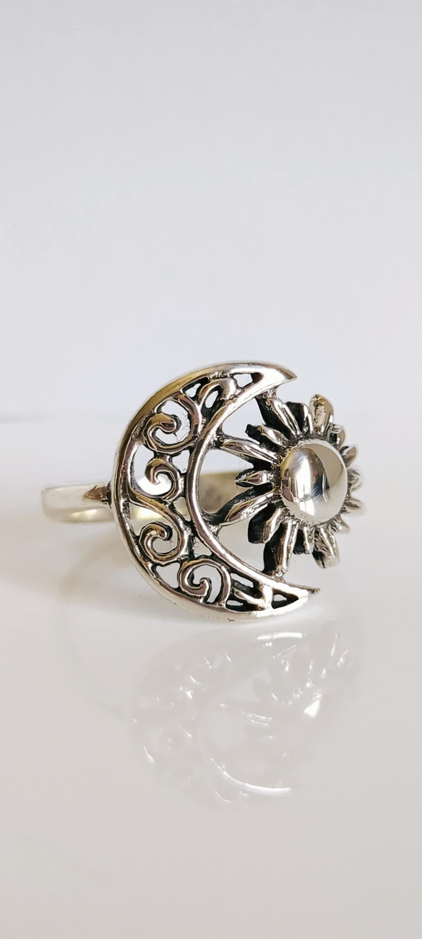 Sterling Silver Ring Sun Moon Ring, Women Bohemian Ring, Large Moon and Sun Ring for Women, Crescent Moon Ring