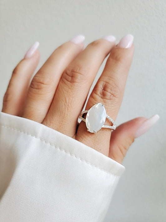 Sterling Silver Marquise Mother of Pearl Ring, Women Statement Ring, Large Marquise, Engagement Promise Ring, Wedding Ring, 925 Stamped