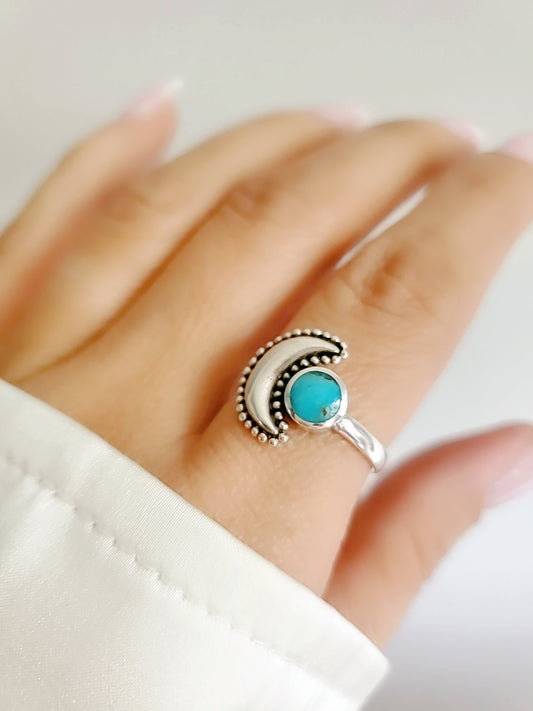 Sterling Silver Crescent Turquoise Moon Mandala Moon Ring