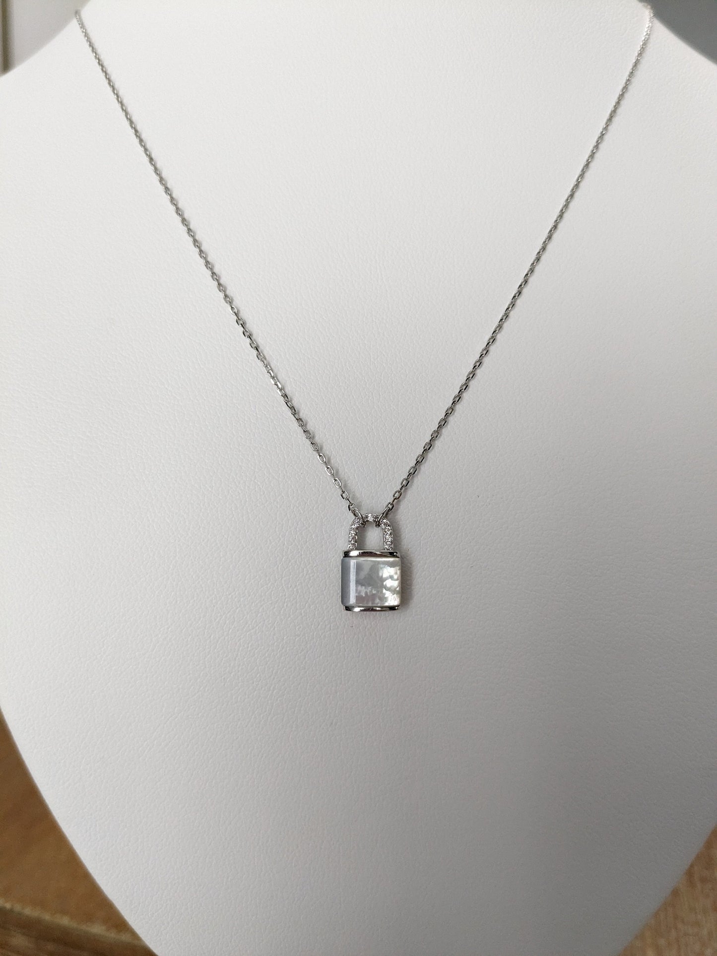 Sterling Silver Mother of Pearl Lock Pendant, Dainty Stack Lock Pendant Necklace, Layering Lock Pendant with Chain