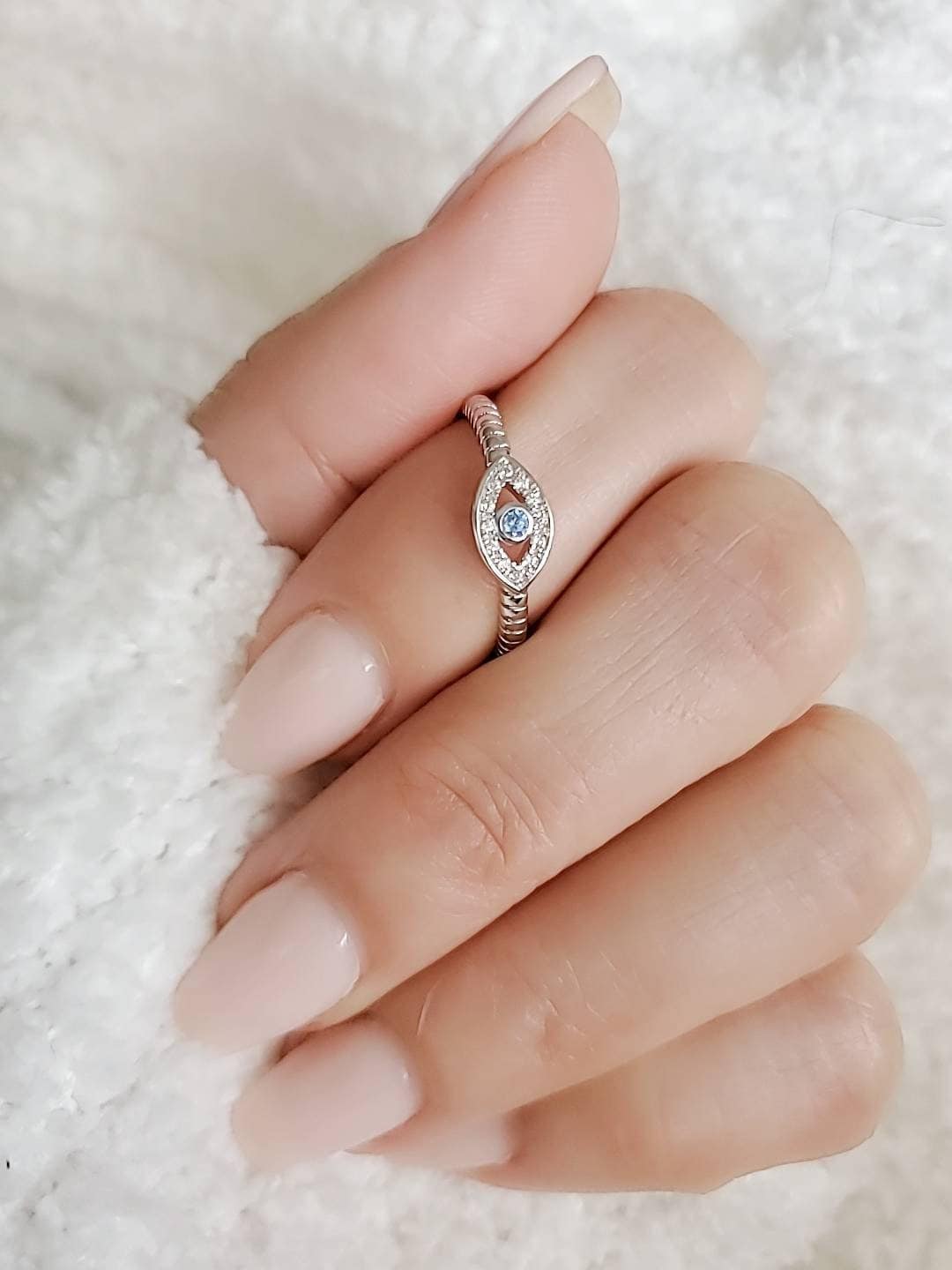 Evil Eye Aquamarine Ring – Sterling Silver with Rhodium Plated