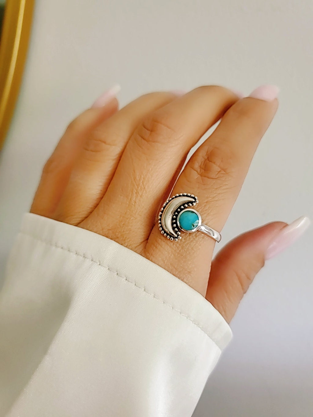 Sterling Silver Crescent Turquoise Moon Mandala Moon Ring