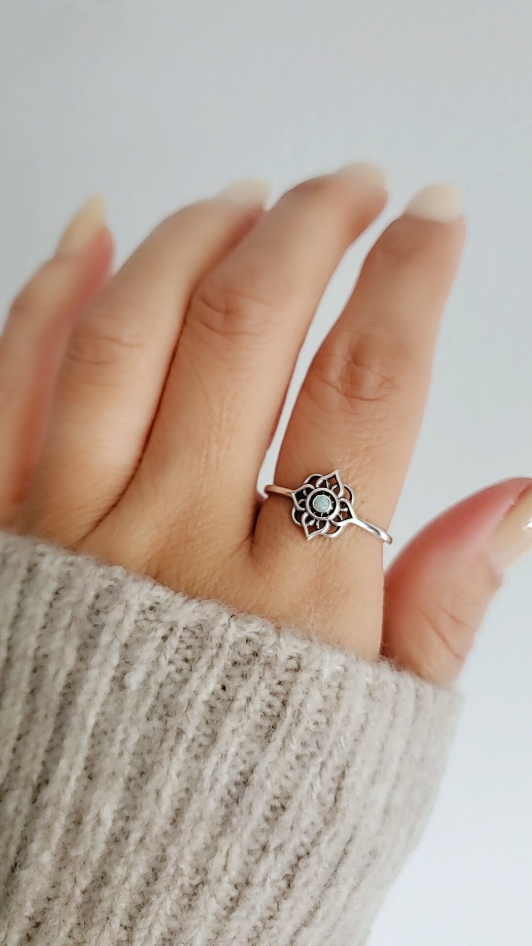 Dainty White Opal Sterling Silver Mandala Ring