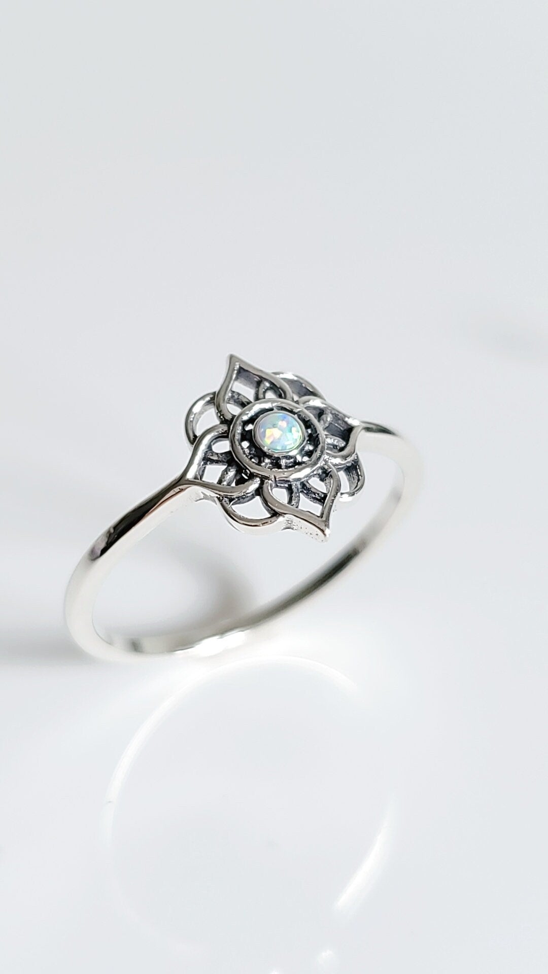 Dainty White Opal Sterling Silver Mandala Ring