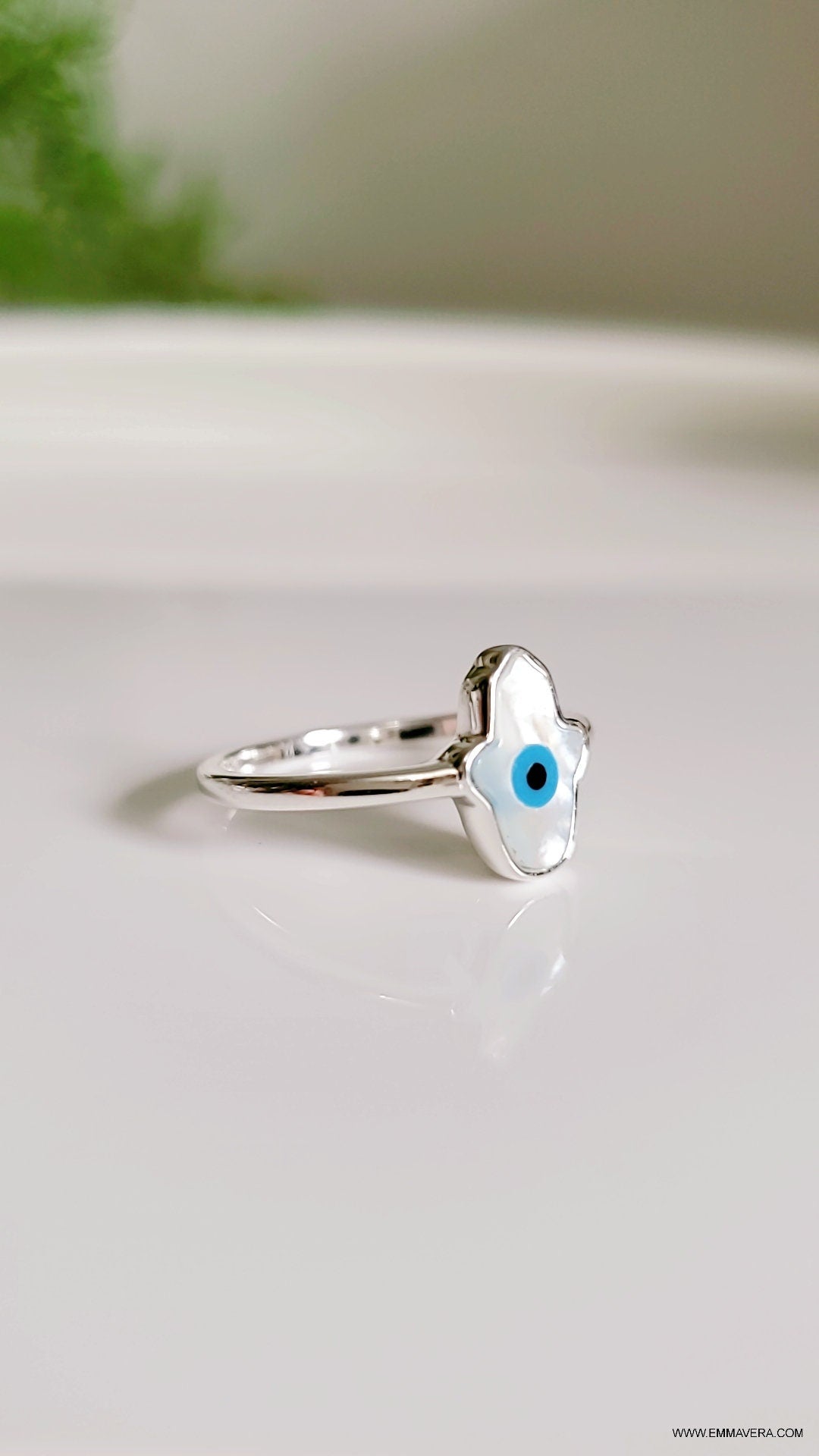 Women's Mother of Pearl Eye Ring, 925 Sterling Silver Ring, Mother of Pearl Hamsa Ring, Evil Eye Ring