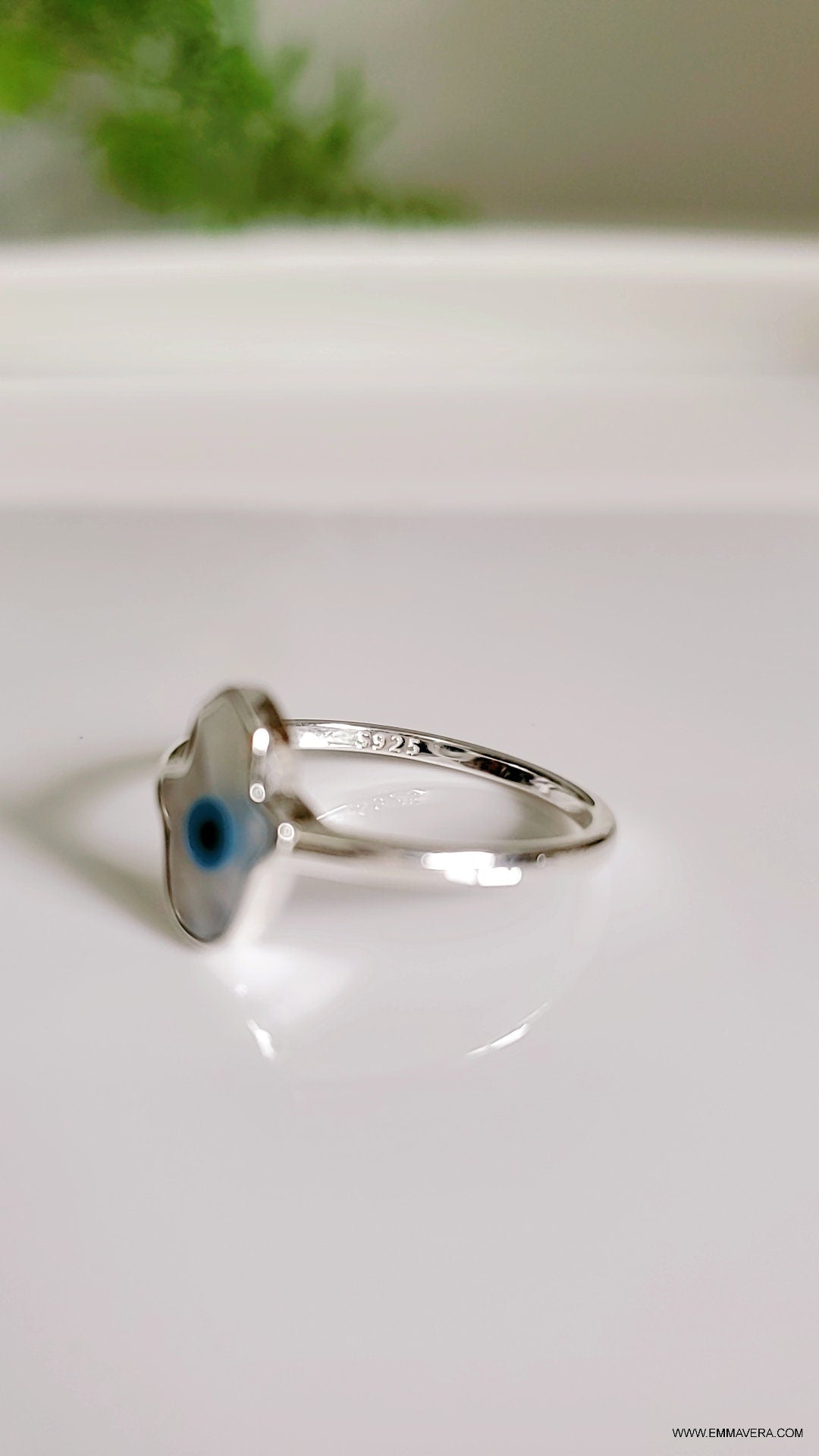 Women's Mother of Pearl Eye Ring, 925 Sterling Silver Ring, Mother of Pearl Hamsa Ring, Evil Eye Ring