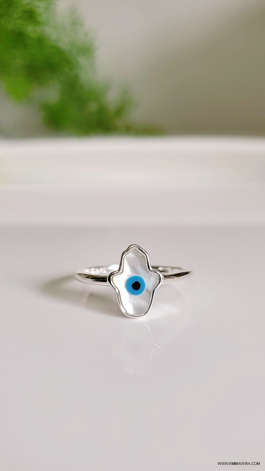 Women's Mother of Pearl Eye Ring, 925 Sterling Silver Ring, Mother of Pearl Hamsa Ring, Evil Eye Ring