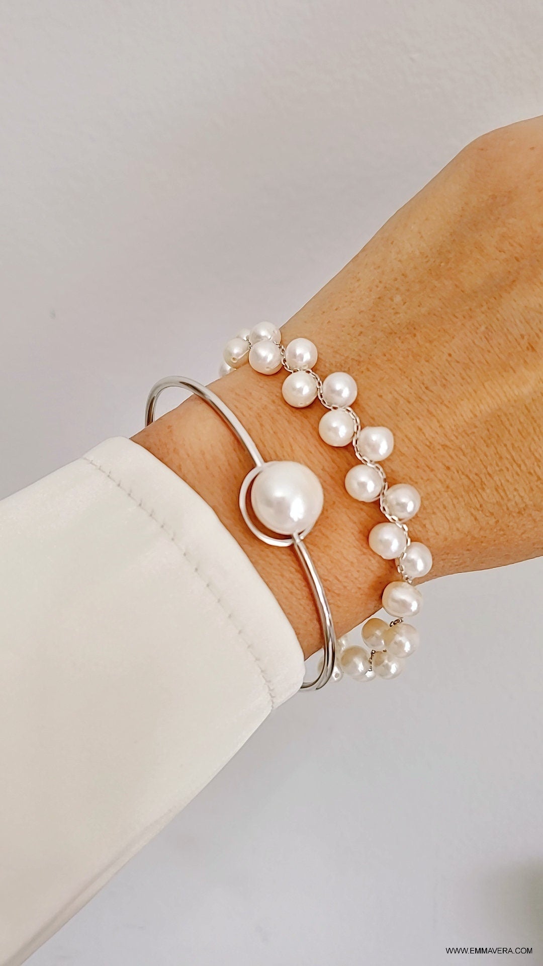 Floating Fresh Water Pearl Bangle – 925 Sterling Silver