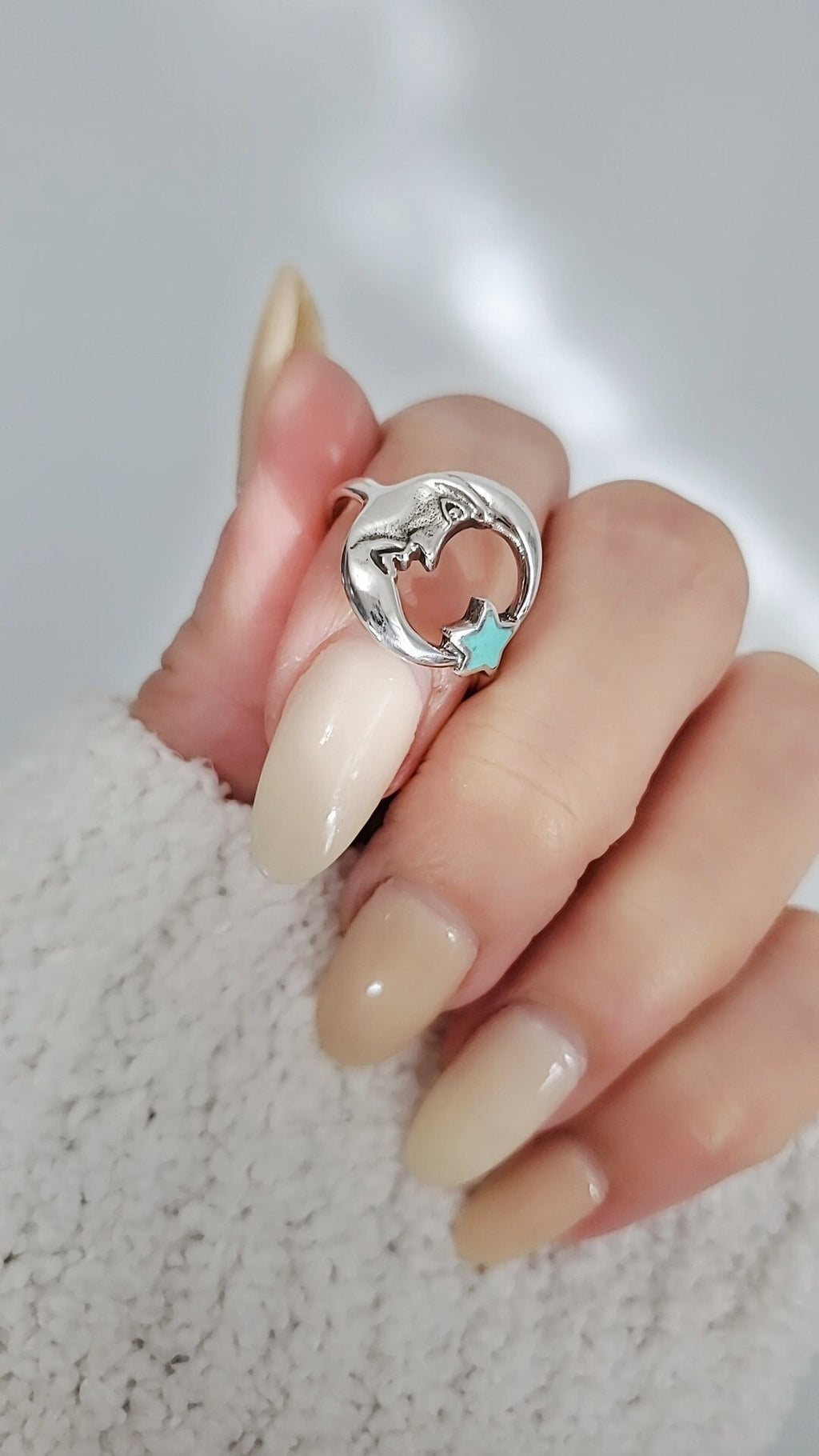 Crescent Moon Star Face Turquoise Ring – Sterling Silver