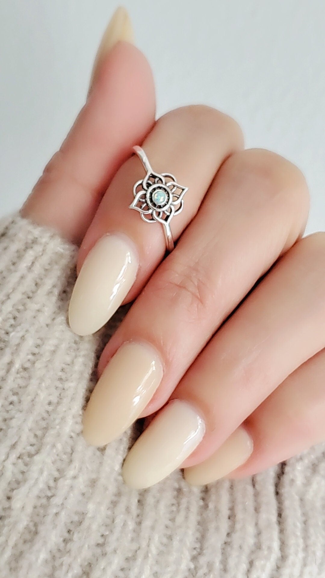 Dainty White Opal Sterling Silver Mandala Ring