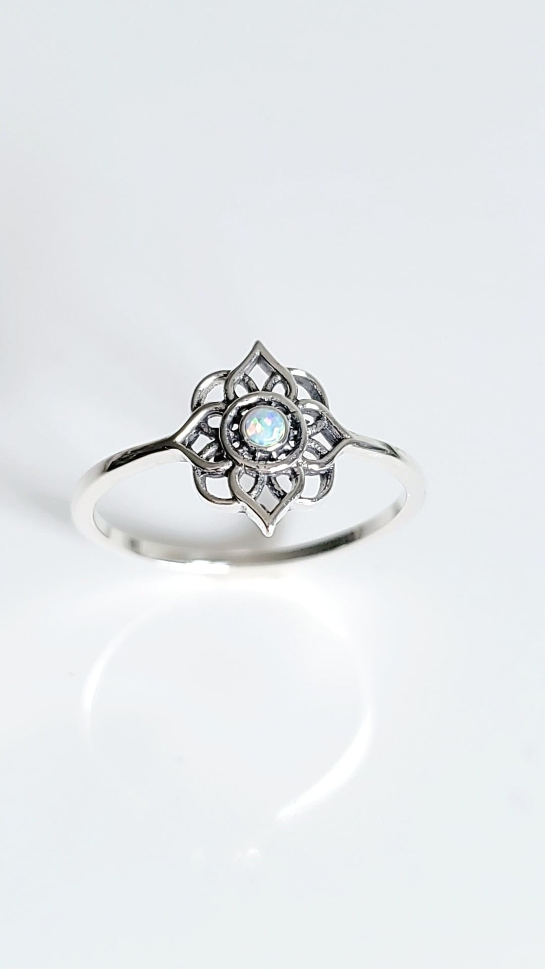 Dainty White Opal Sterling Silver Mandala Ring