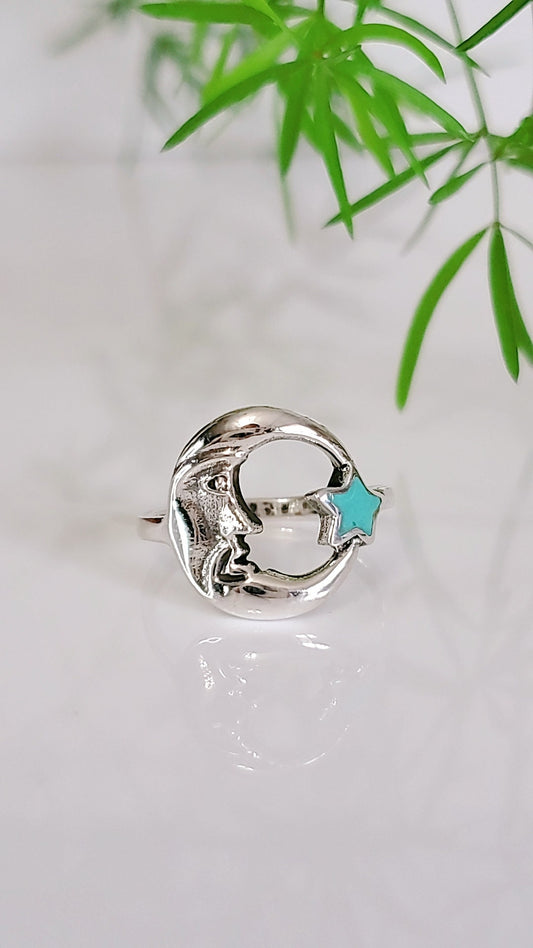 Sterling Silver Crescent Moon Star Turquoise Ring Moon face and Star