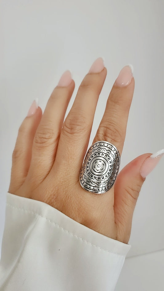 Large Sterling Silver Shield Mandala Ring