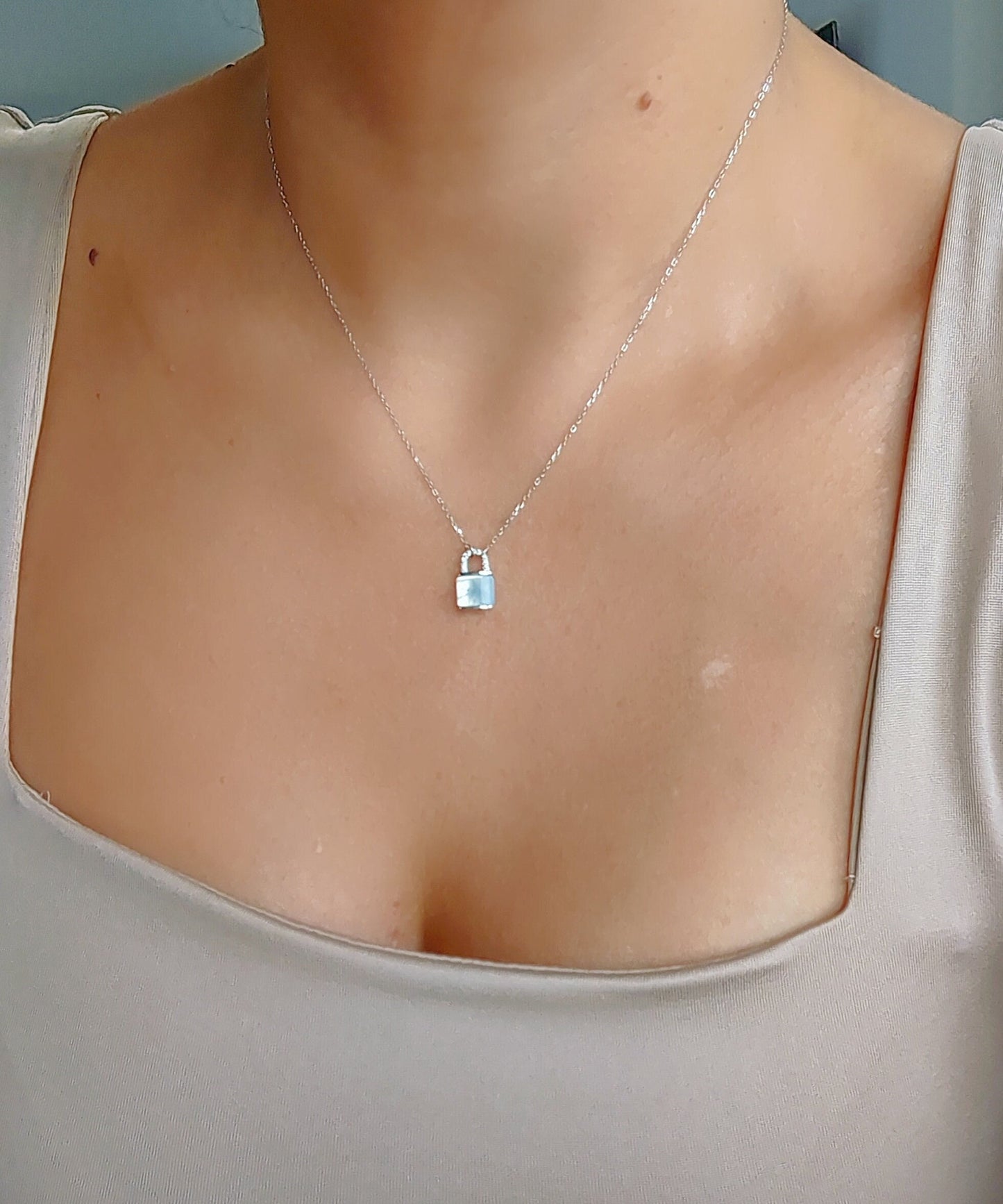 Sterling Silver Mother of Pearl Lock Pendant, Dainty Stack Lock Pendant Necklace, Layering Lock Pendant with Chain