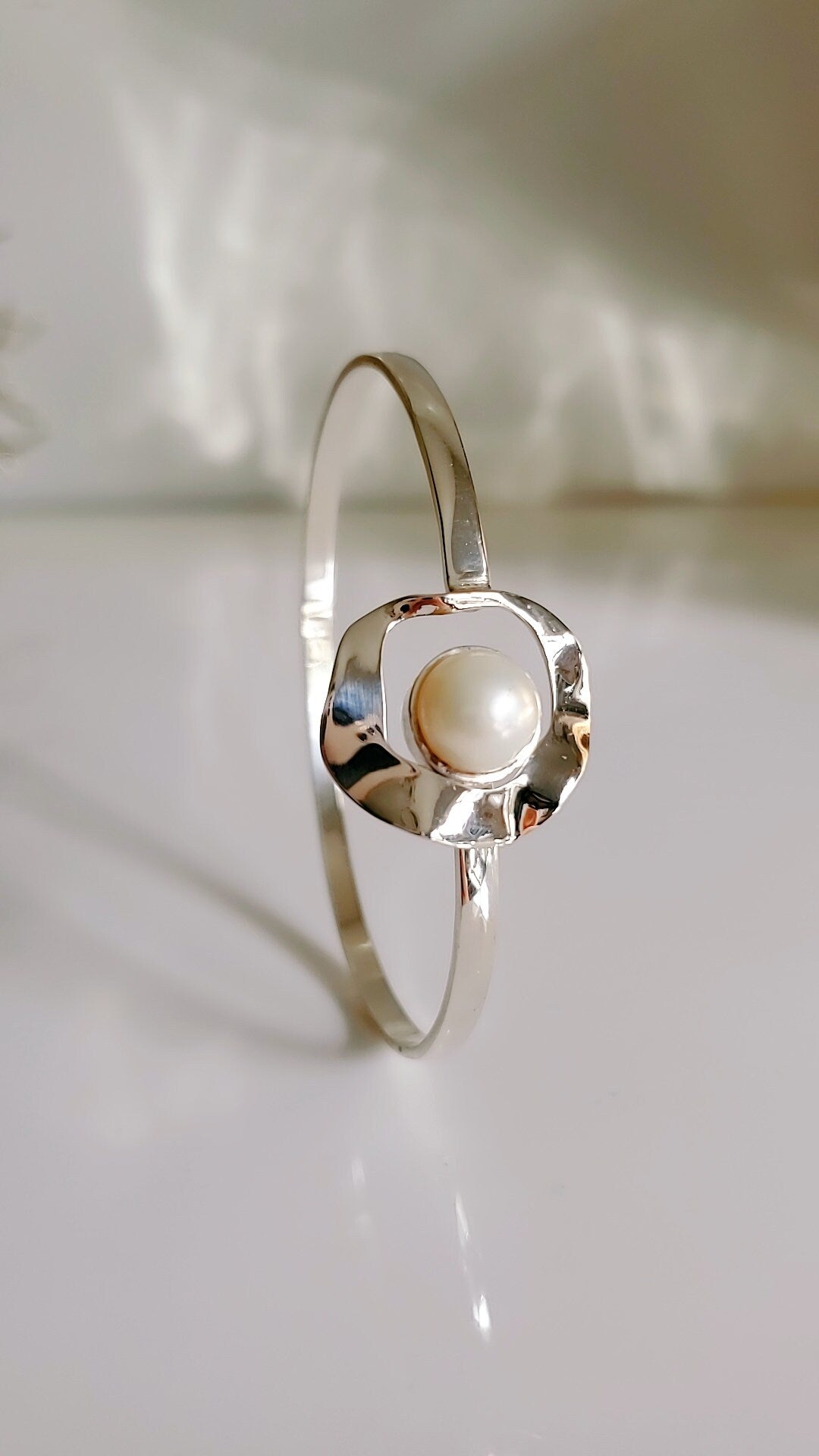 Sterling Silver Fresh Water Pearl Halo Bangle, Dainty Pearl Bracelet, 925 Sterling Silver Bangle, Women Bangle Bracelet