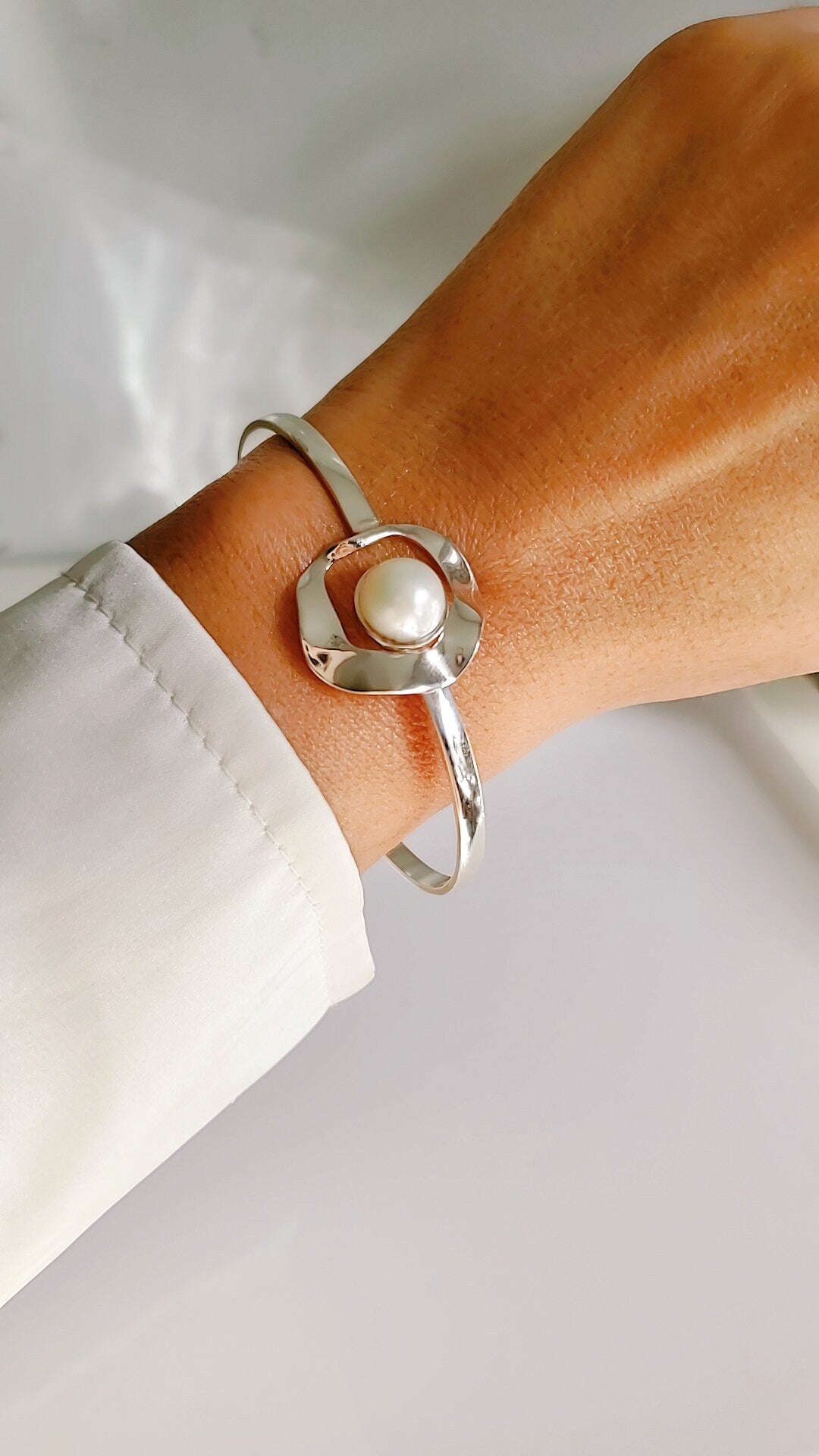 Sterling Silver Fresh Water Pearl Halo Bangle, Dainty Pearl Bracelet, 925 Sterling Silver Bangle, Women Bangle Bracelet