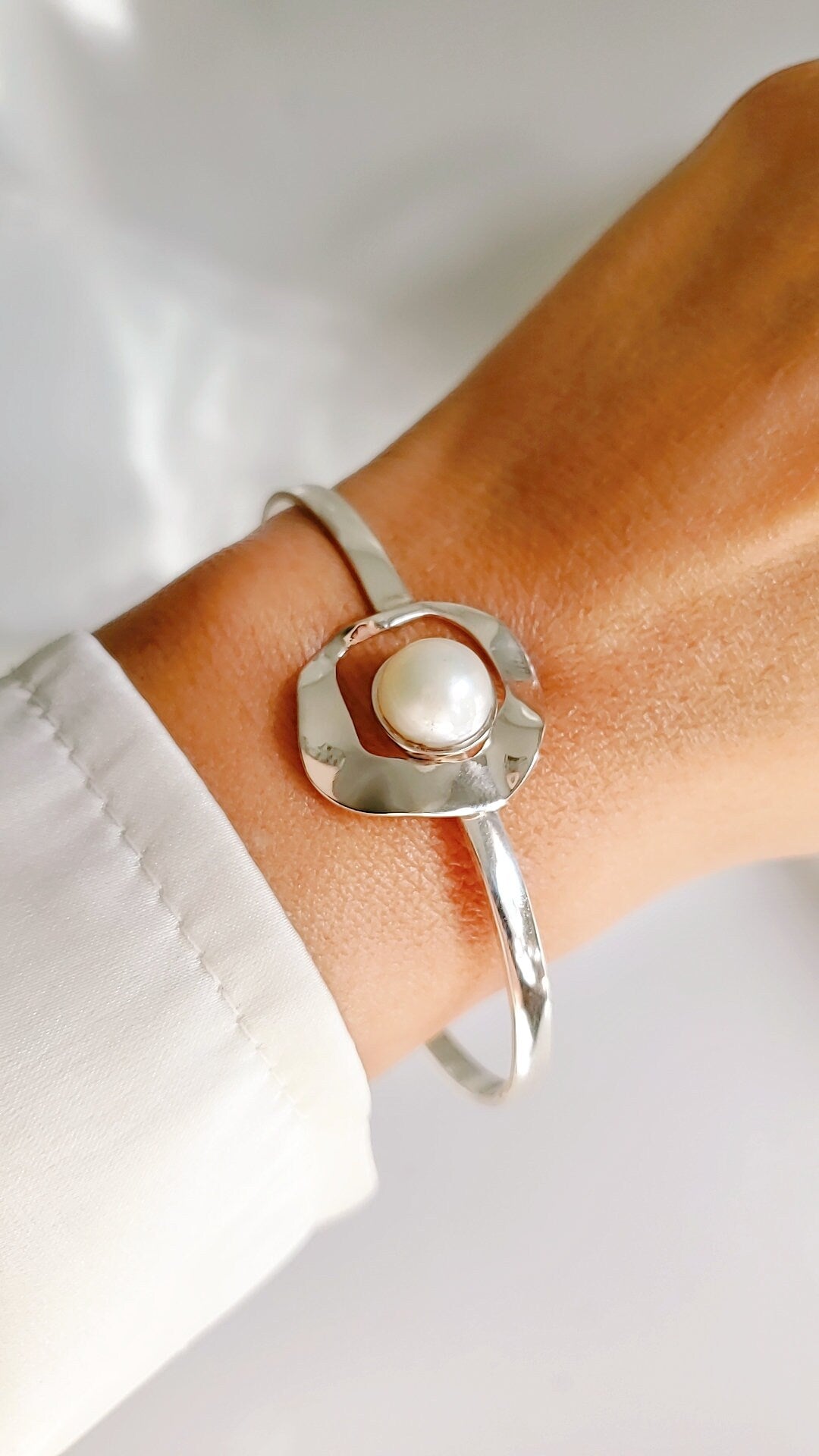 Sterling Silver Fresh Water Pearl Halo Bangle, Dainty Pearl Bracelet, 925 Sterling Silver Bangle, Women Bangle Bracelet