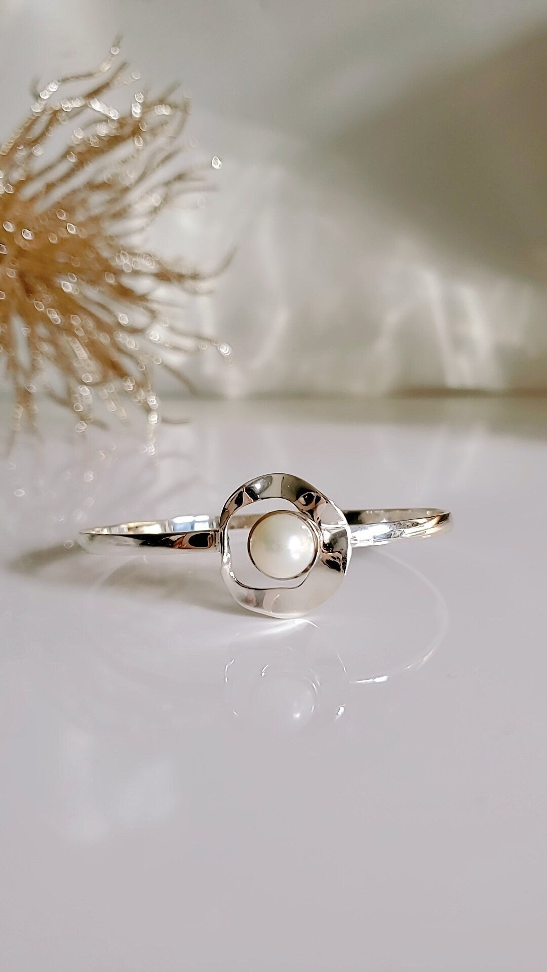 Fresh Water Pearl Halo Bangle – 925 Sterling Silver