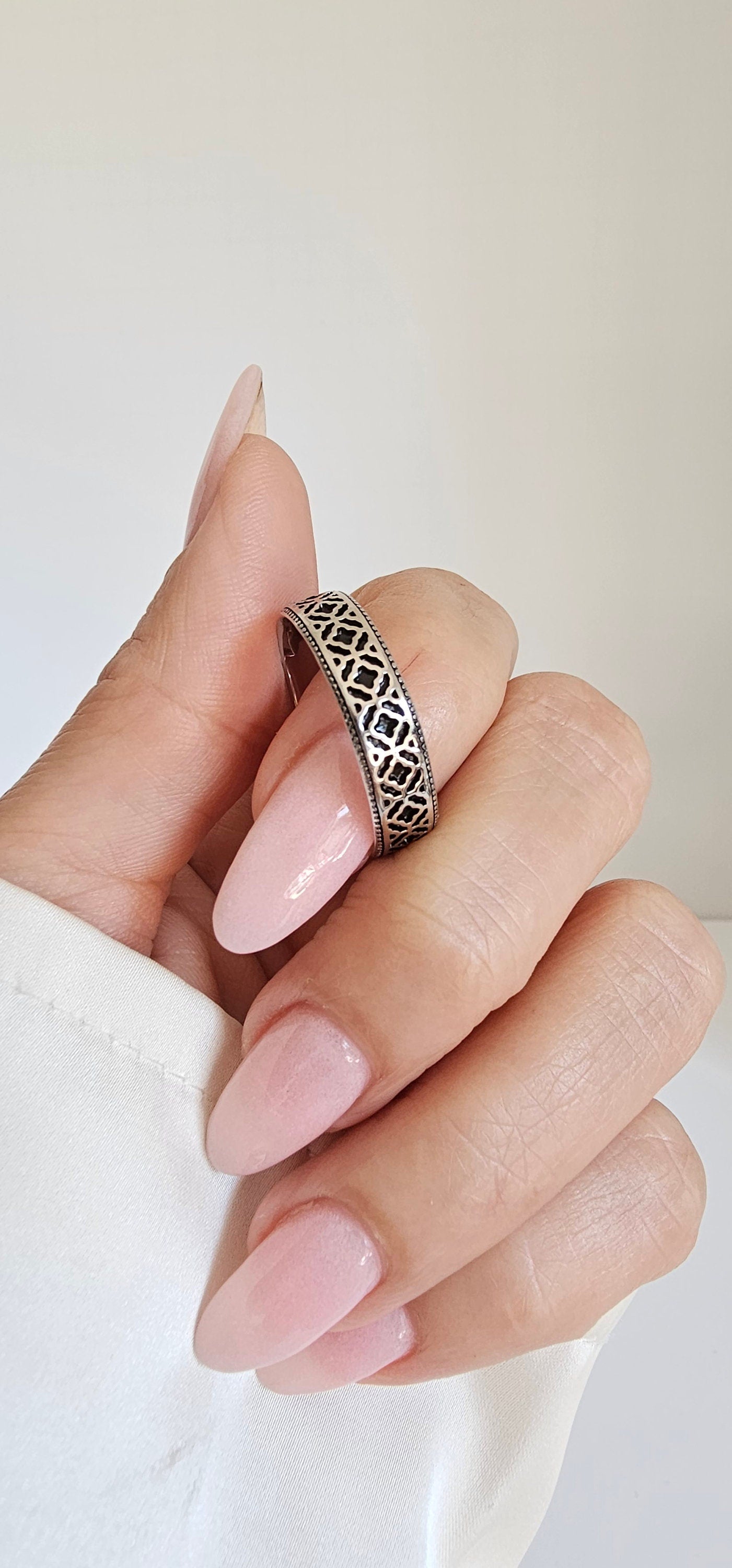 Sterling Silver Oxidize Ring, 6mm Ring, Moroccan Pattern Design Band, Thumb Ring, Unisex Ring,  Wedding Band